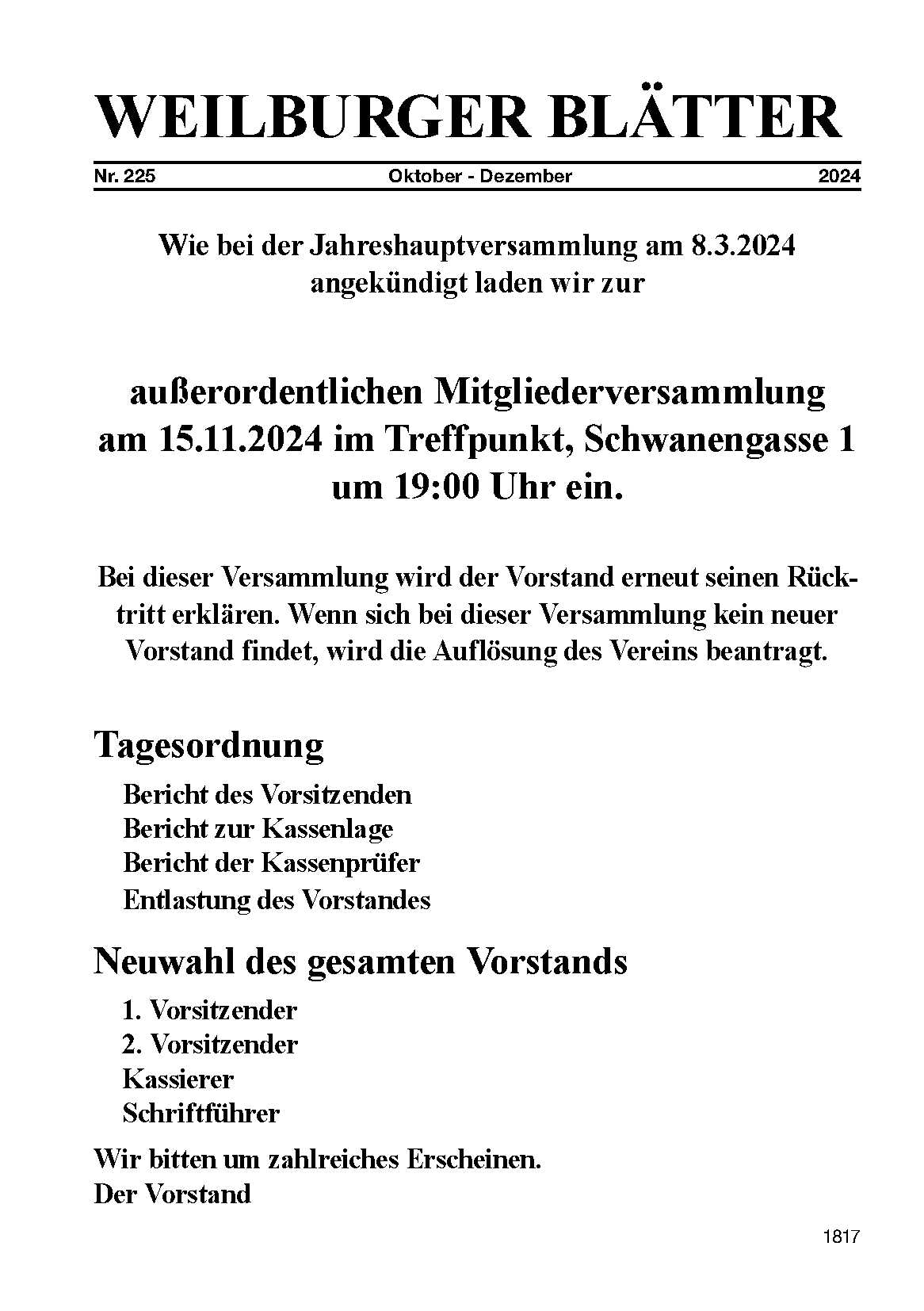 Einladung JHV November 2024